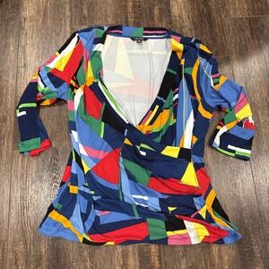 Ralph Lauren Women's Mock Wrap 3/4 Sleeve V Neck Shirt Geometric Size 2XL